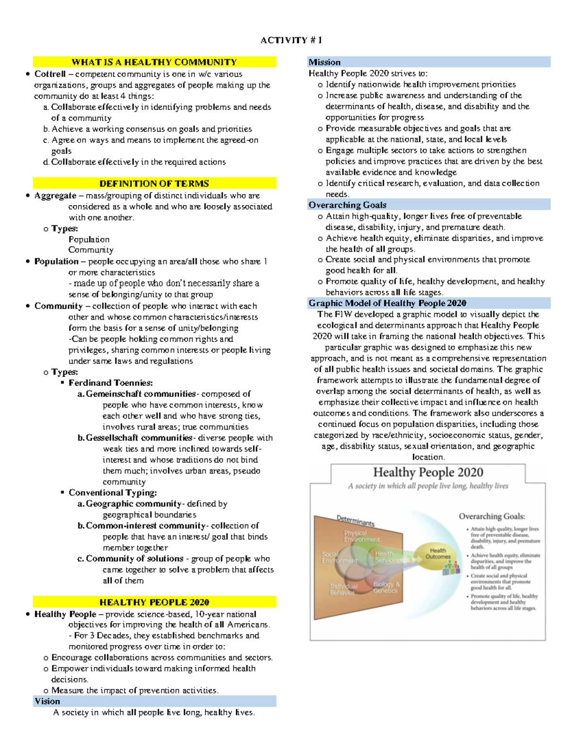 CPH preliminary notes 1 to 4 - ACTIVITY # 1 WHAT IS A HEALTHY COMMUNITY ...