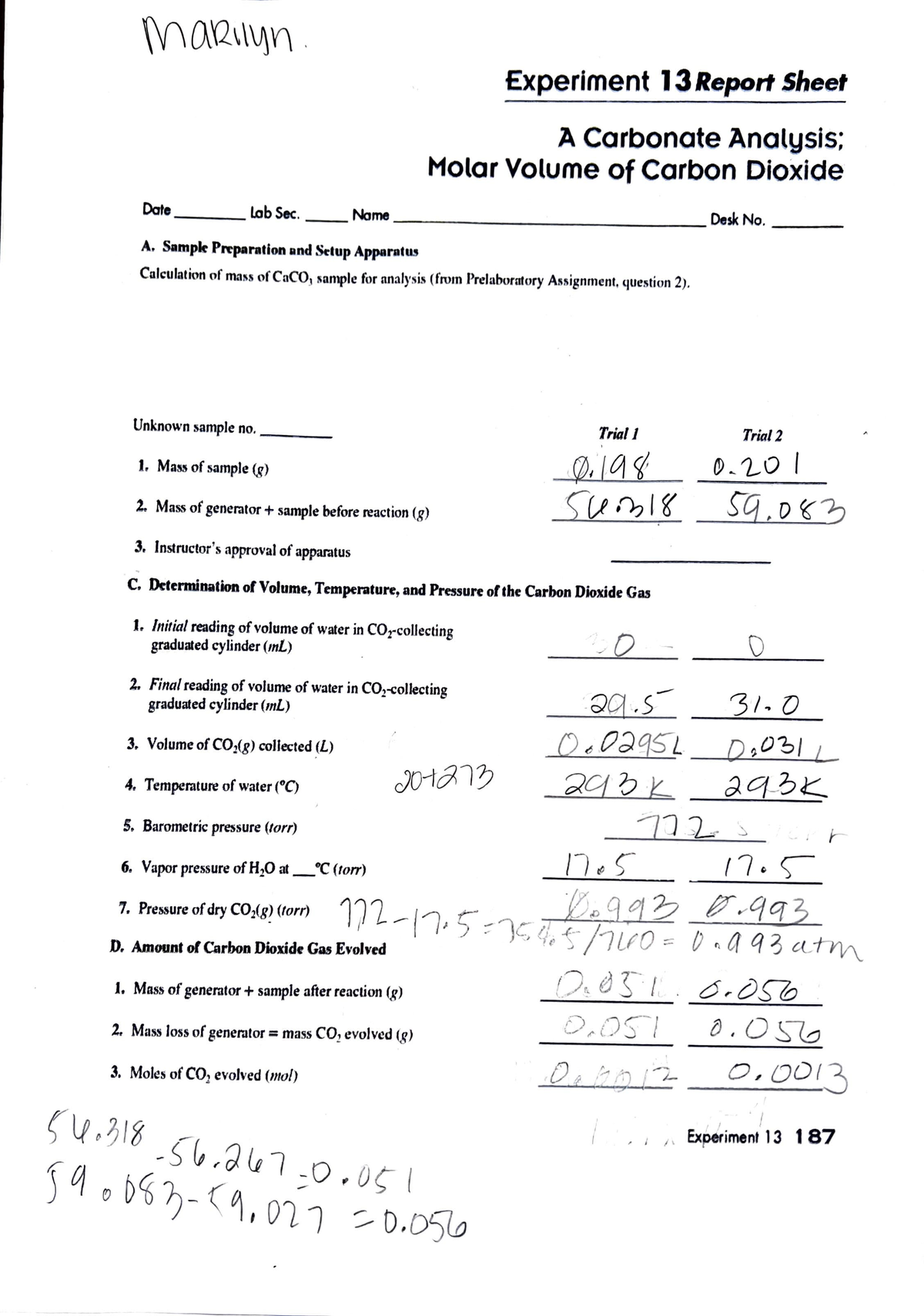 Lab 13 - lab work - Experiment 13 Report Sheet A Carbonate Analysis ...