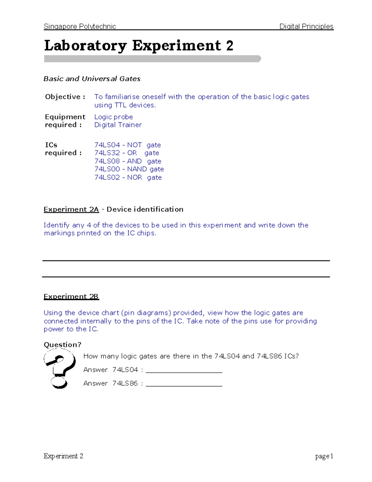 Experiment 2 Digital Principles - Basic and Universal Gates Objective ...
