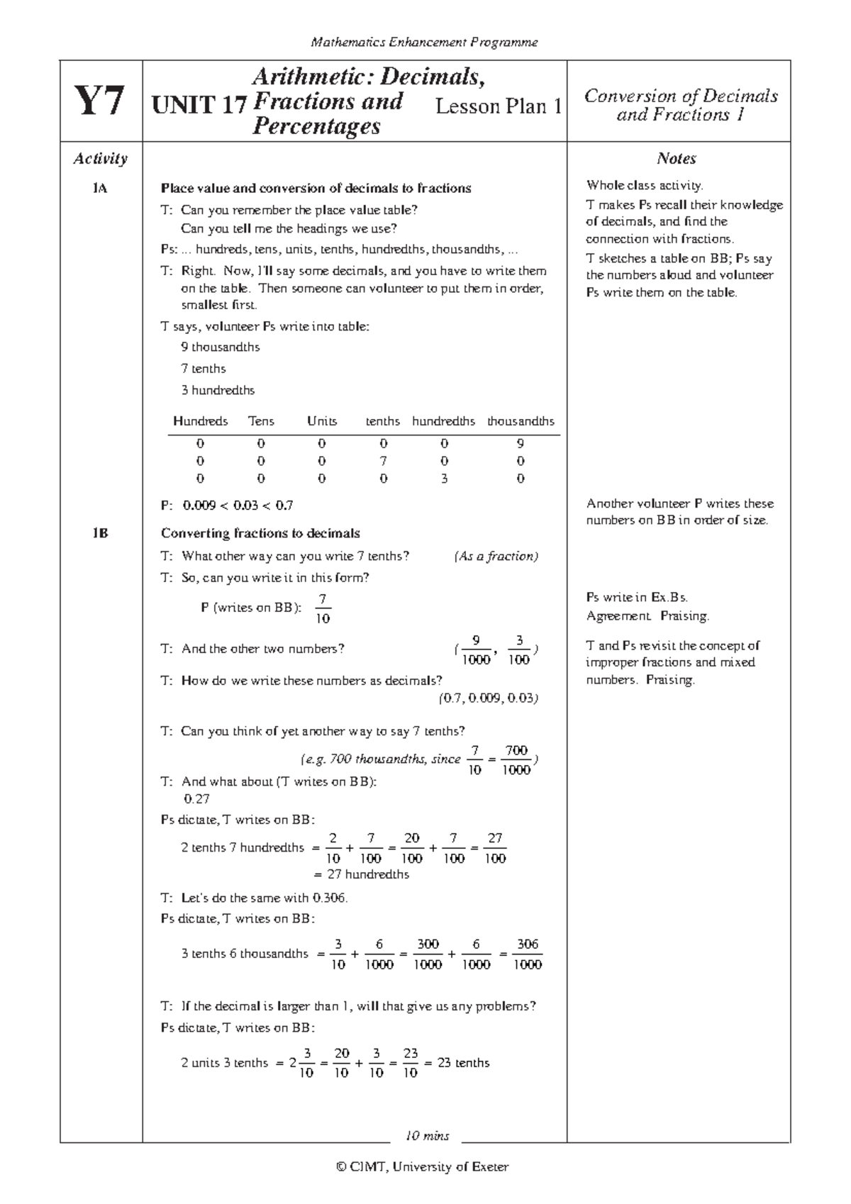 Unit 17 Arithmetic decimals fractions and percentages lesson plan and ...