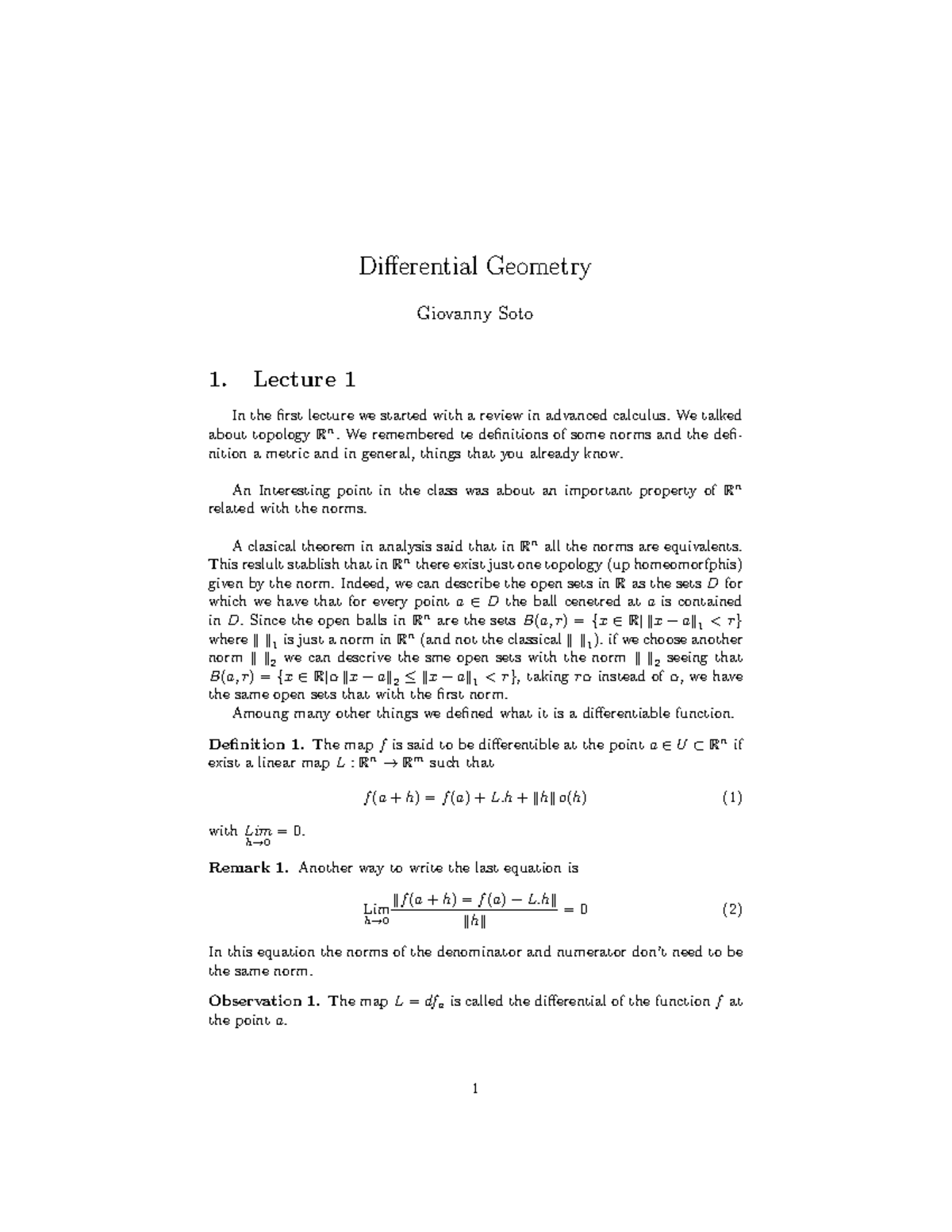 Differential Geometry Notes Differential Geometry Giovanny Soto 1