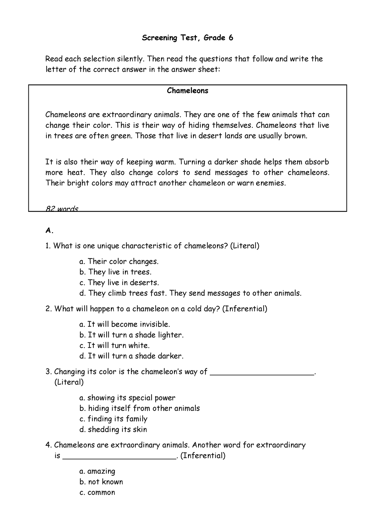 382269619 English 6 Group Test - Screening Test, Grade 6 Read each ...