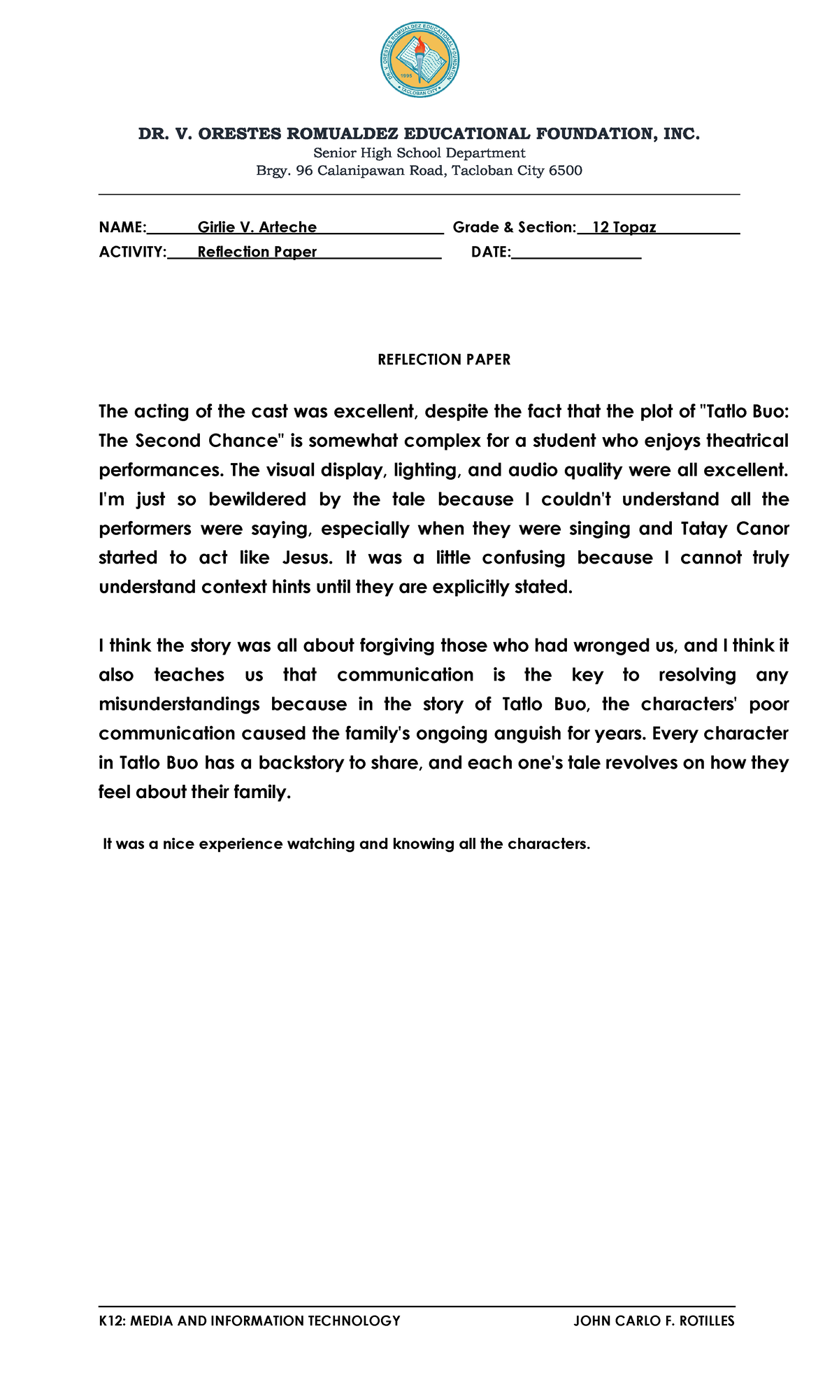 Girlie Arteche Activity Answer Sheet DR. V. ORESTES ROMUALDEZ