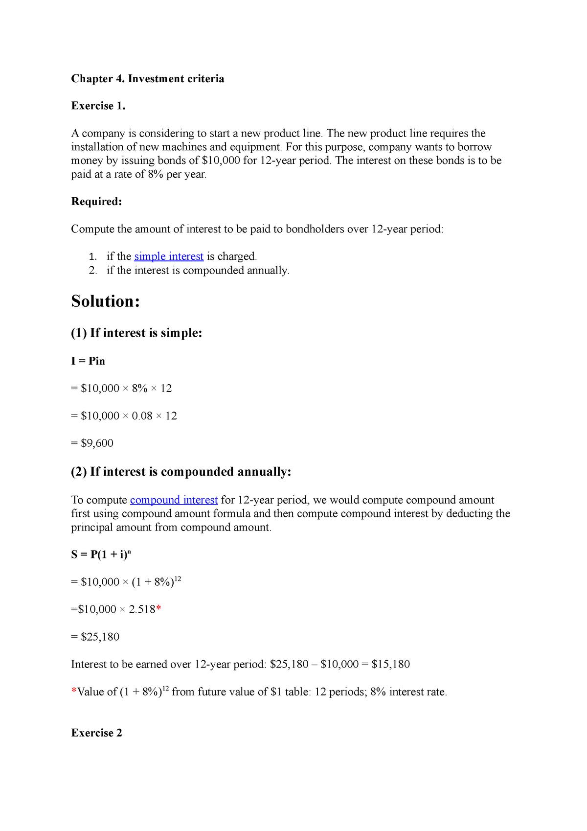 Solution Exercise Chapter 4 - Chapter 4. Investment Criteria Exercise 1 ...