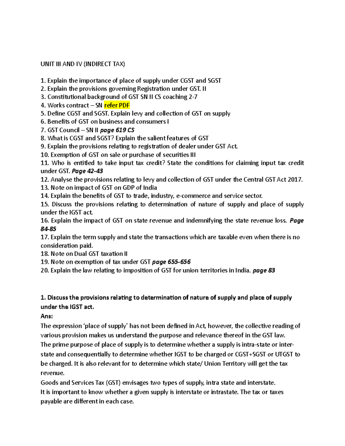 UNIT 3 AND 4 notes UNIT III AND IV (INDIRECT TAX) Explain the