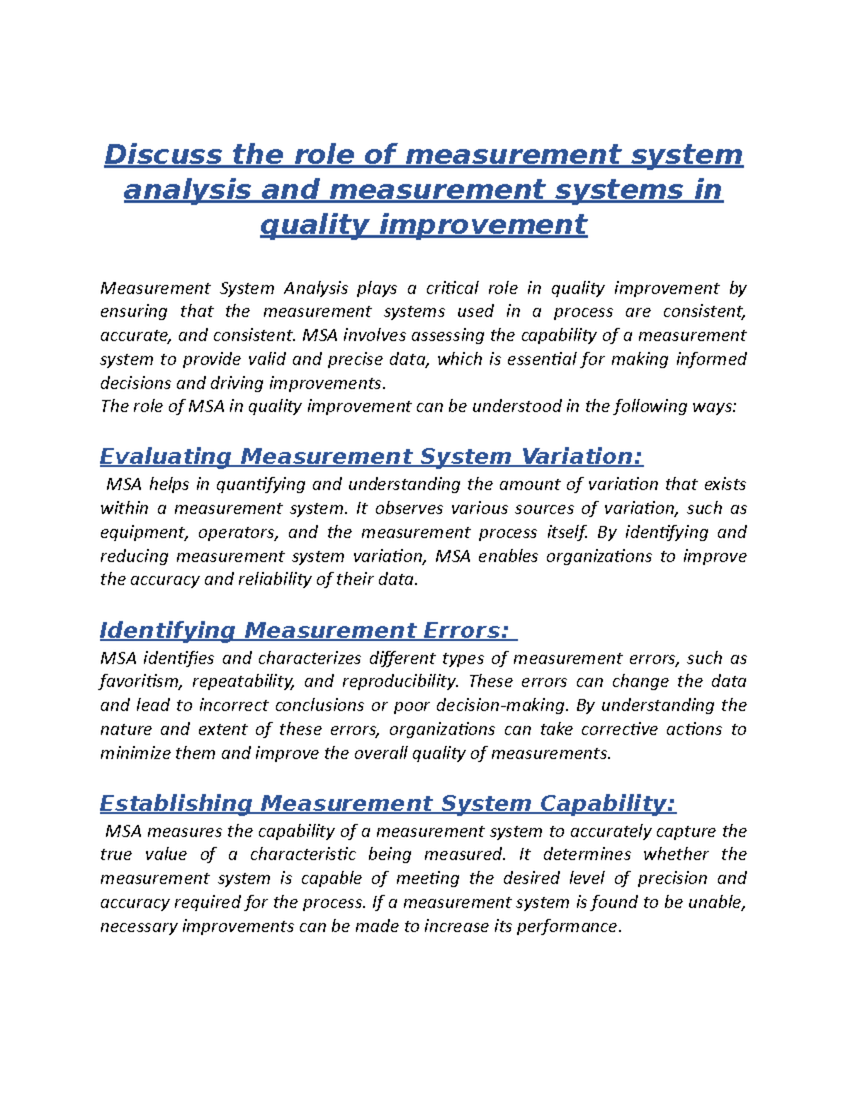 Role of measurement system Discuss the role of measurement system