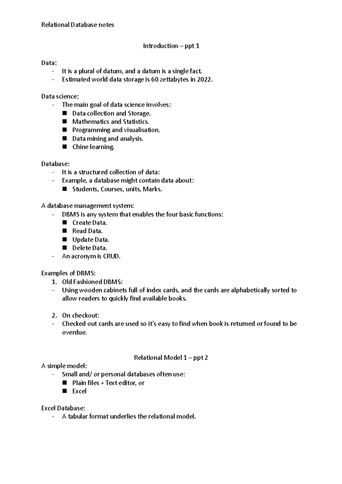 Realtional database - Notes from lecture videos - Introduction – ppt 1 ...