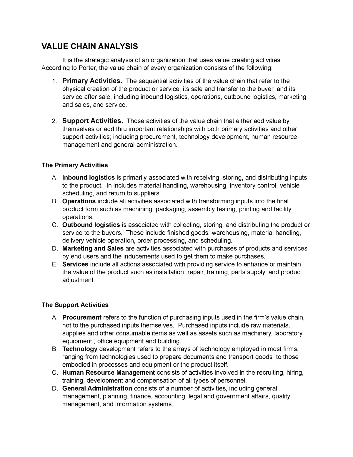 Value Chain Analysis Notes - VALUE CHAIN ANALYSIS It is the strategic ...