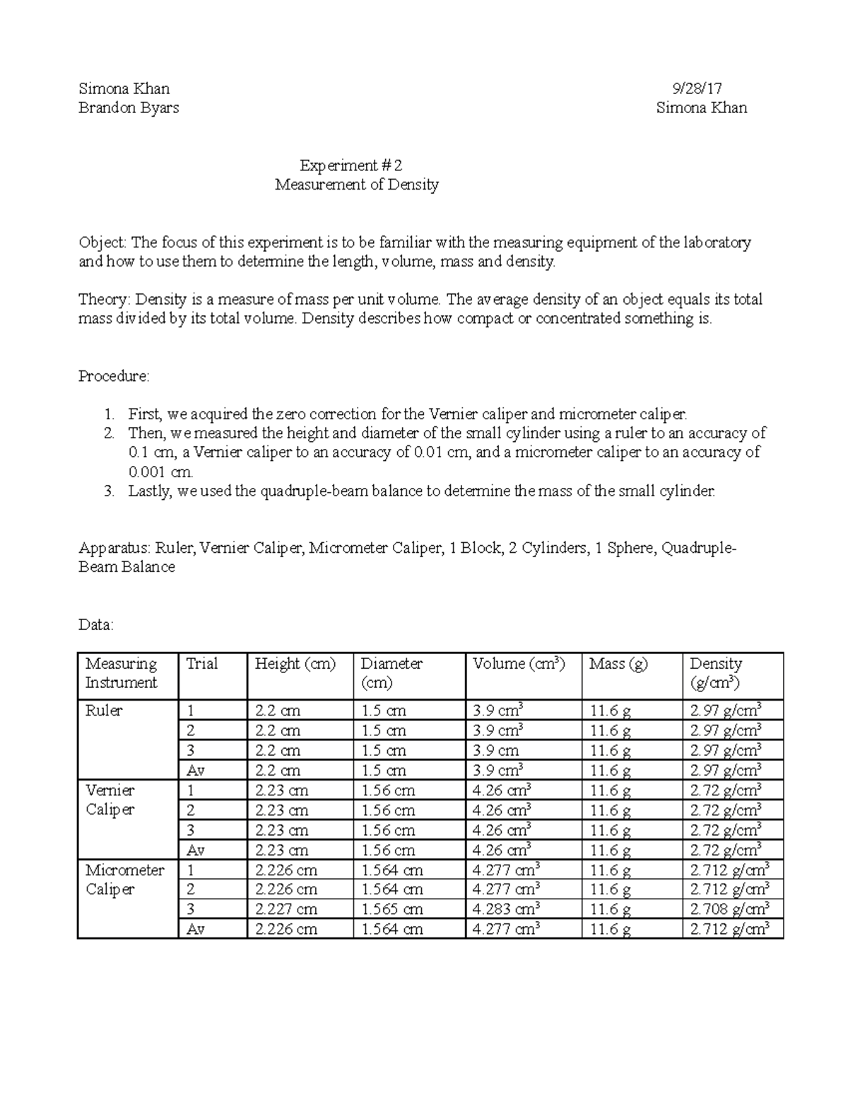 Physics Lab Report 2 Simona Khan 9/28/ Brandon Byars Simona Khan