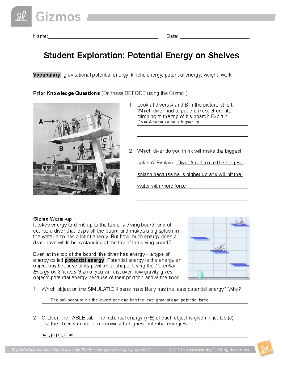 Potential Energy Shelves Worksheet PROBLEM - Name: Date: Student ...