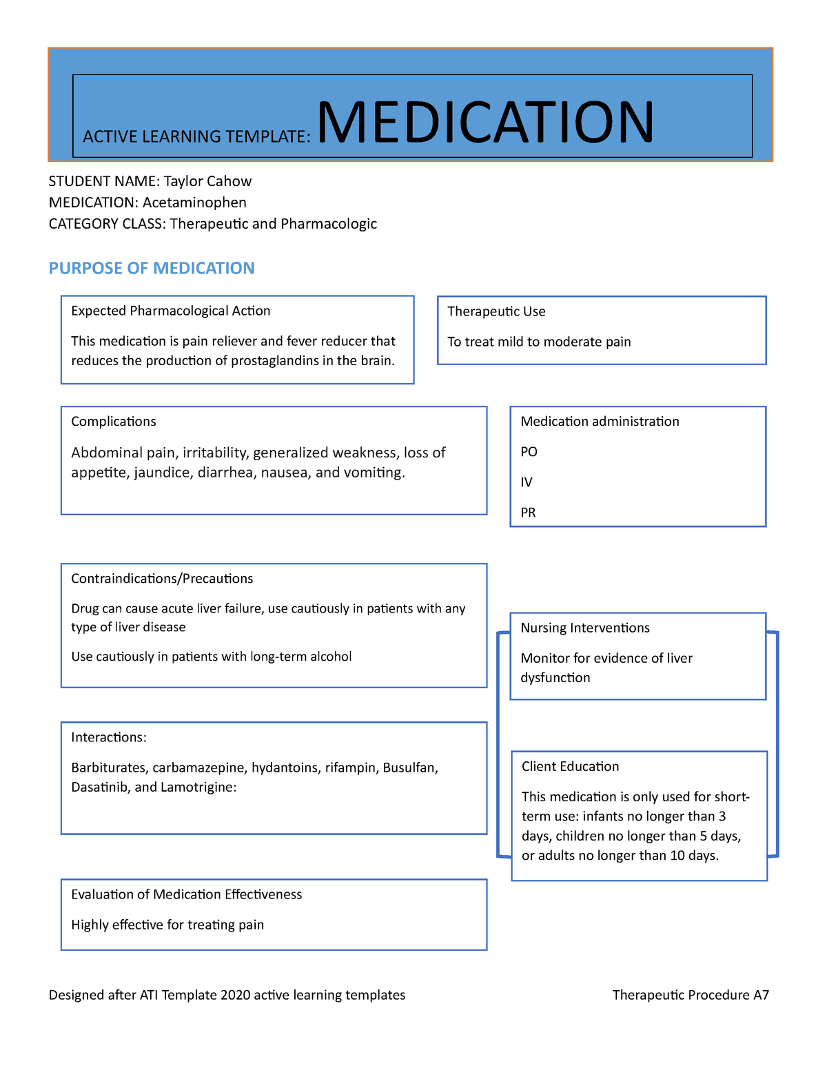 Medication Template Acetaminophen STUDENT NAME Taylor Cahow