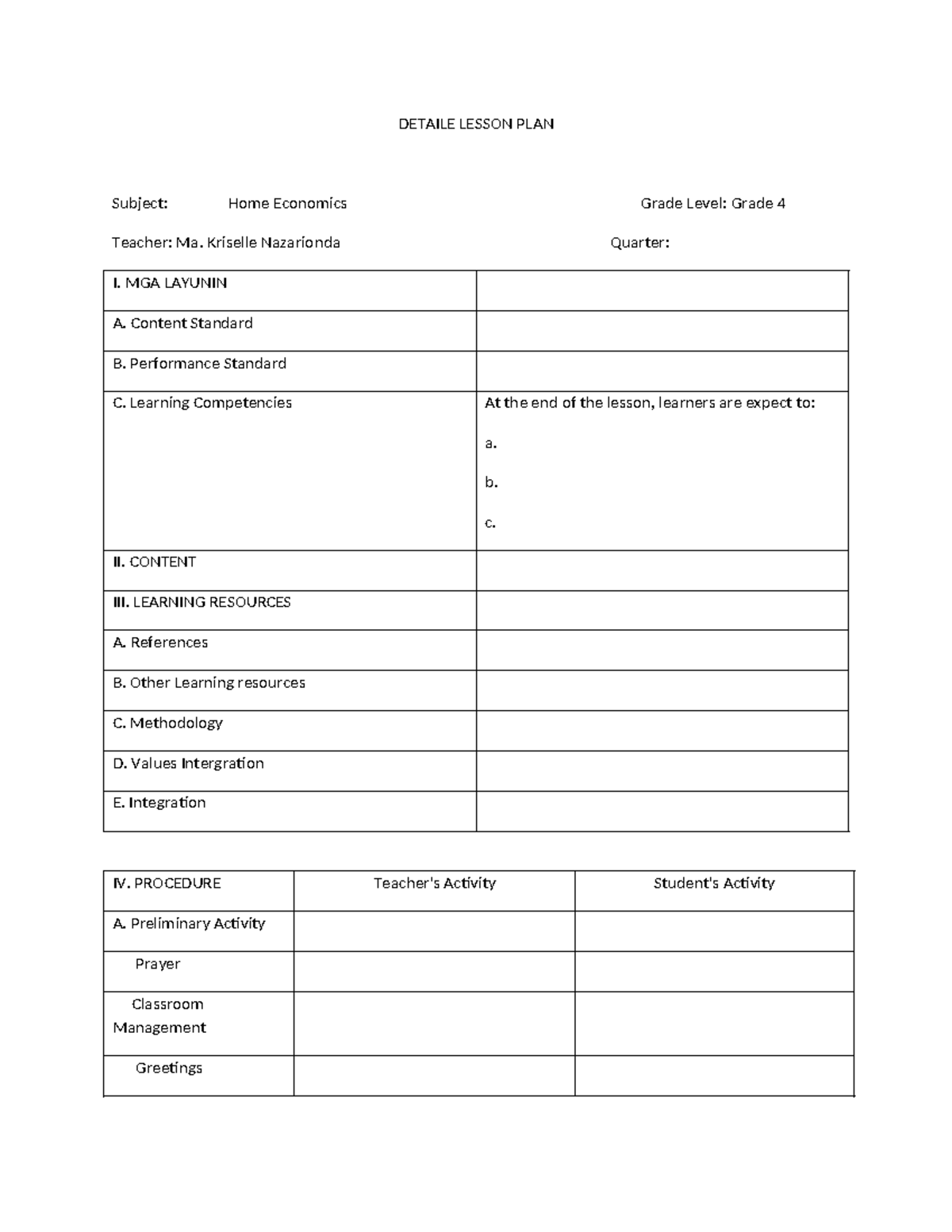 Detaile Lesson-WPS Office - DETAILE LESSON PLAN Subject: Home Economics ...