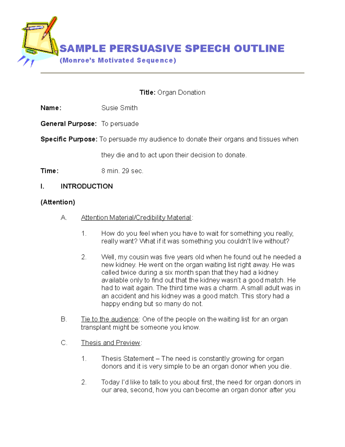 Sample Persuasive Speech Outline - Monroe's - SAMPLE PERSUASIVE SPEECH ...