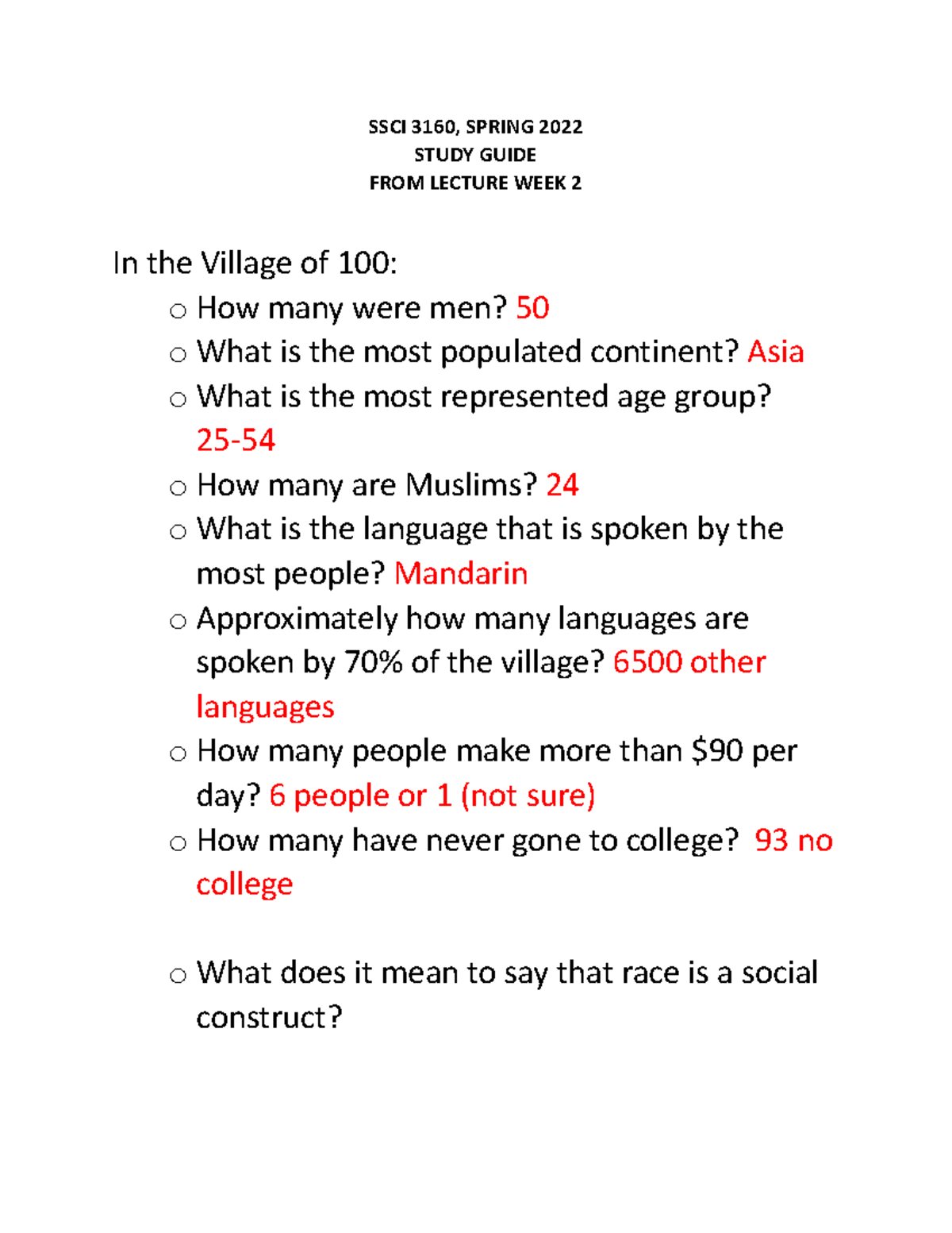 Study guide week 2 3160 - SSCI 3160, SPRING 2022 STUDY GUIDE FROM ...