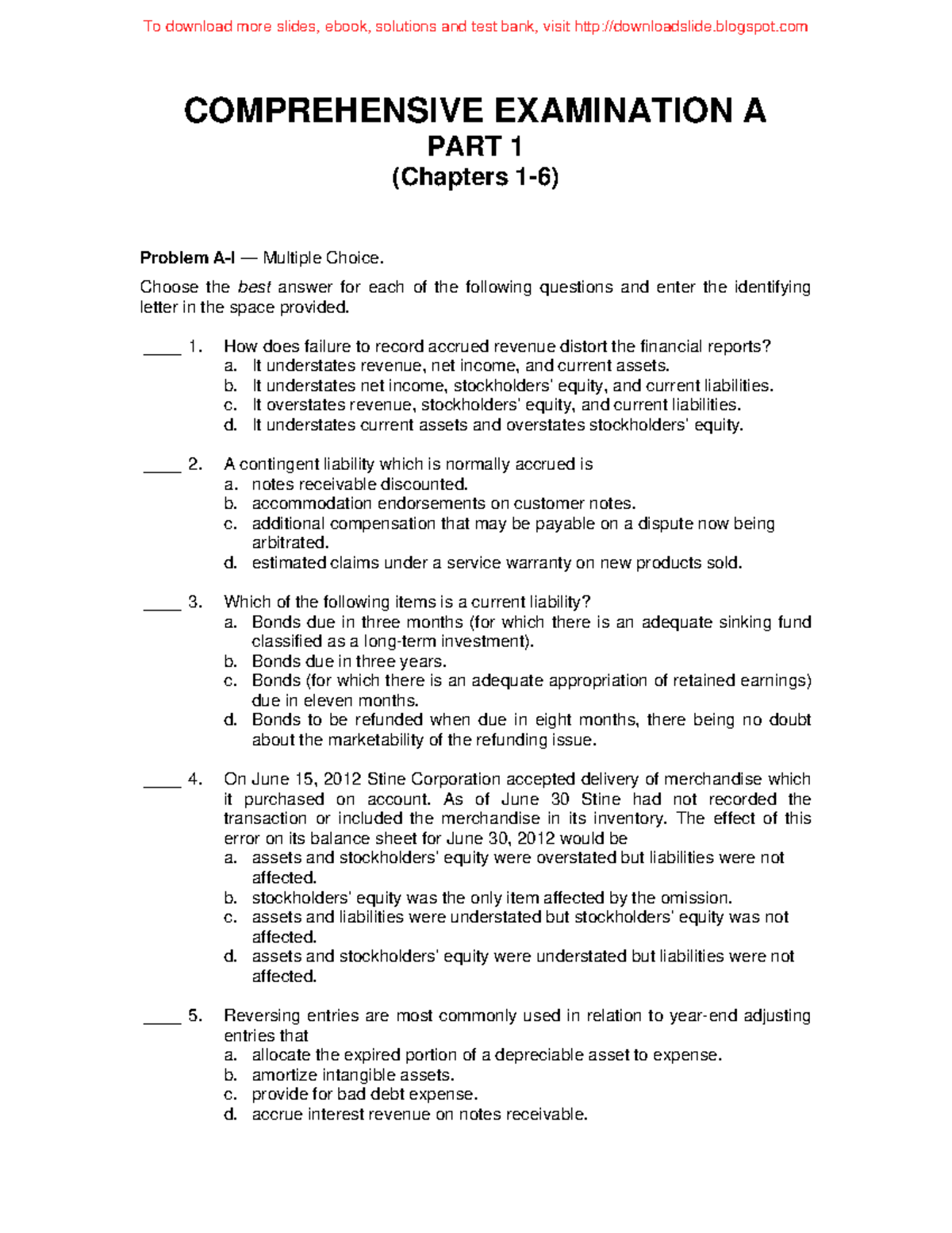 Comprehensive Exam A - Example - COMPREHENSIVE EXAMINATION A PART 1 ...