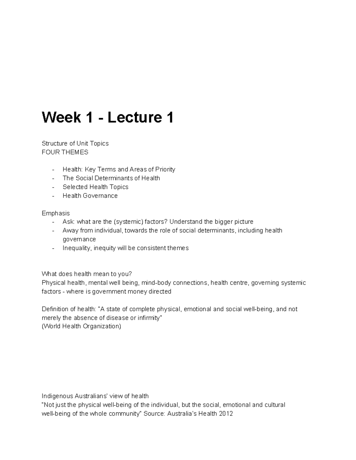 HLTH200 Lecture Notes - Week 1 - Lecture 1 Structure of Unit Topics ...