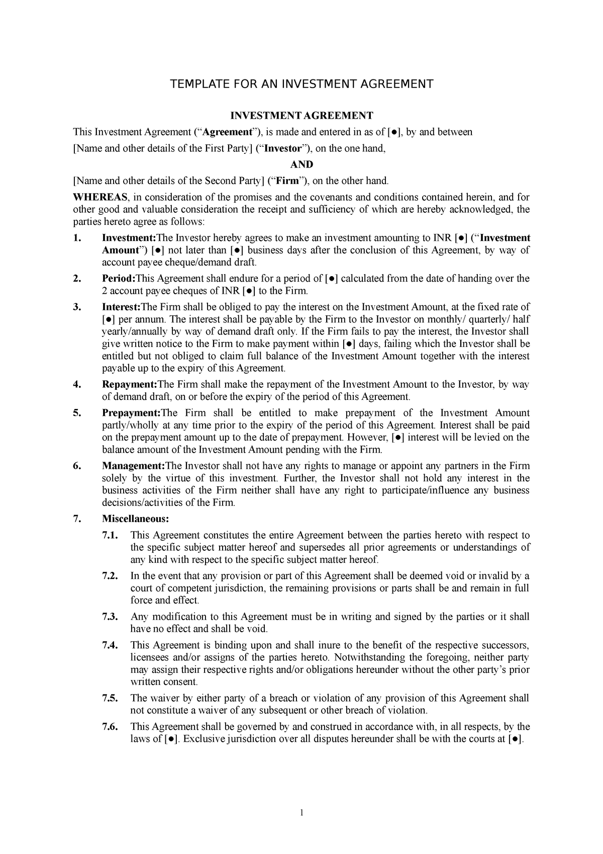 Ch03 Template For An Investment Agreement TEMPLATE FOR AN INVESTMENT   Thumb 1200 1698 