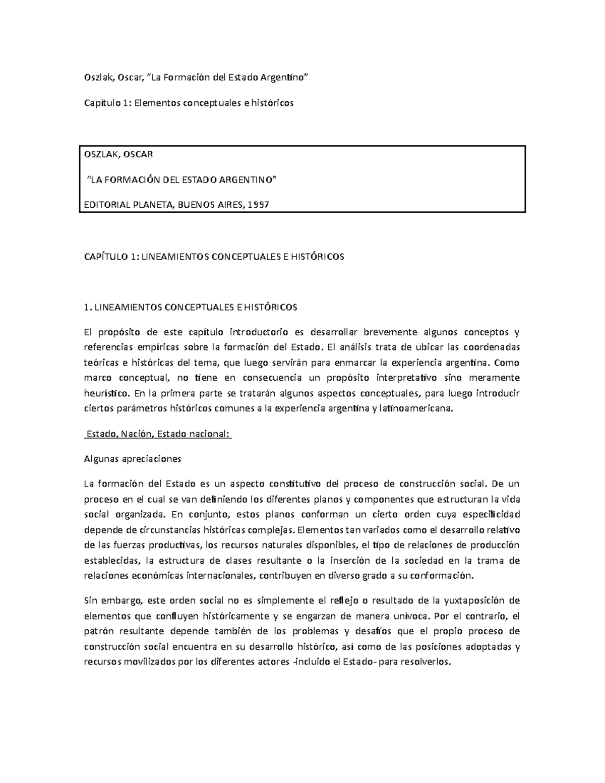 Texto Oszlak De Historia Jose Maria Clarac - Oszlak, Oscar, “La ...