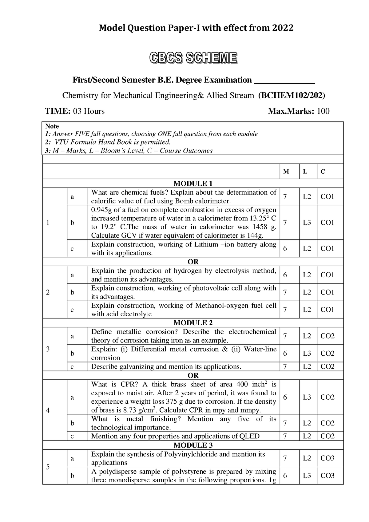 Bchem 102set1 - Model Question Paper-I With Effect From 2022 First ...