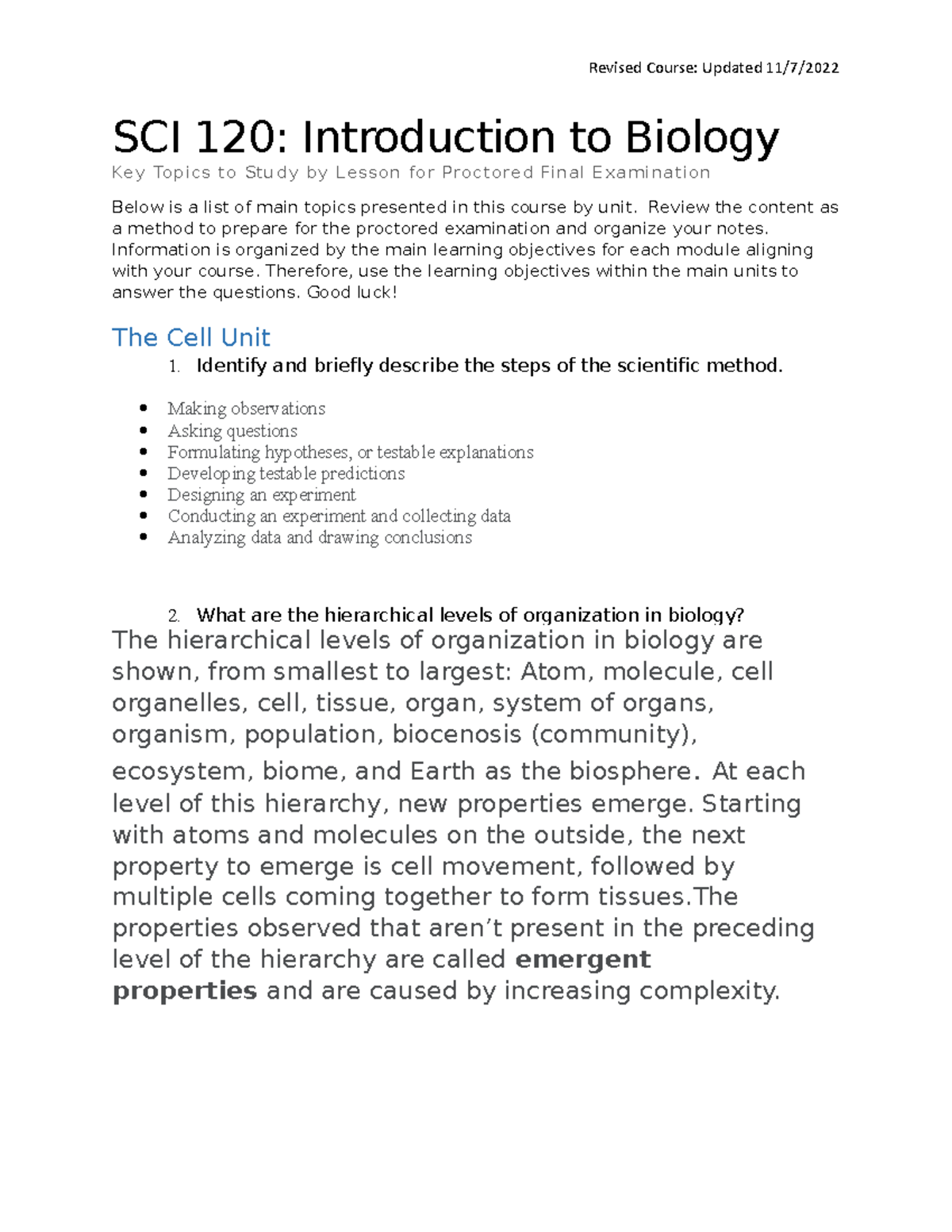 Biology proctor exam study guide - SCI 120: Introduction to Biology Key ...