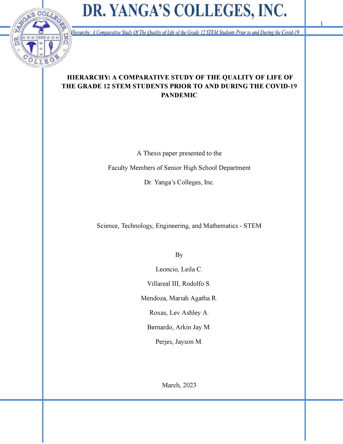 Hierarchy A Comparative Study The Quality of Life of the Grade 12 STEM ...