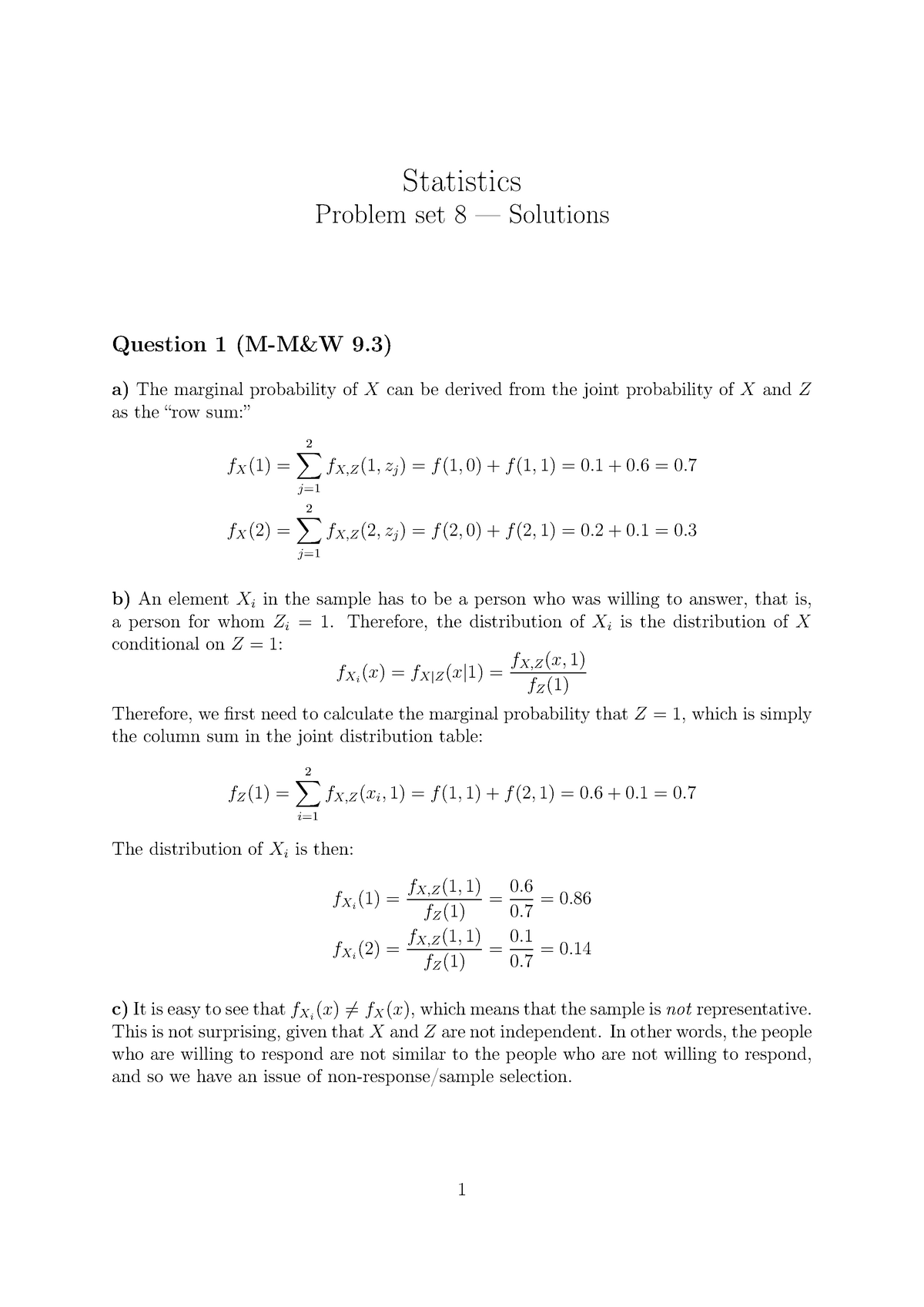 Set 8 - Solutions - Statistics Problem Set 8 — Solutions Question 1 (M ...