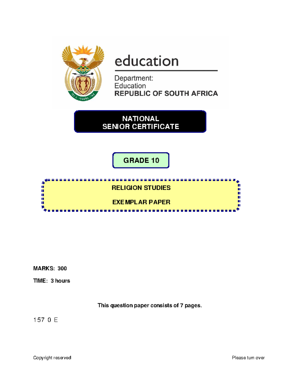 Grade 10 Provincial Exam Papers Religion Studies Exemplar 2006 Question ...