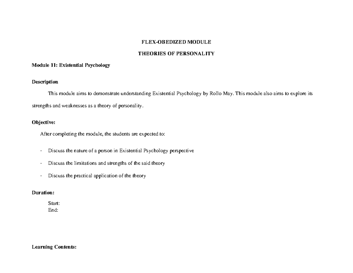 Module 11 - Rollo May and Existential Psychology - FLEX-OBEDIZED MODULE ...