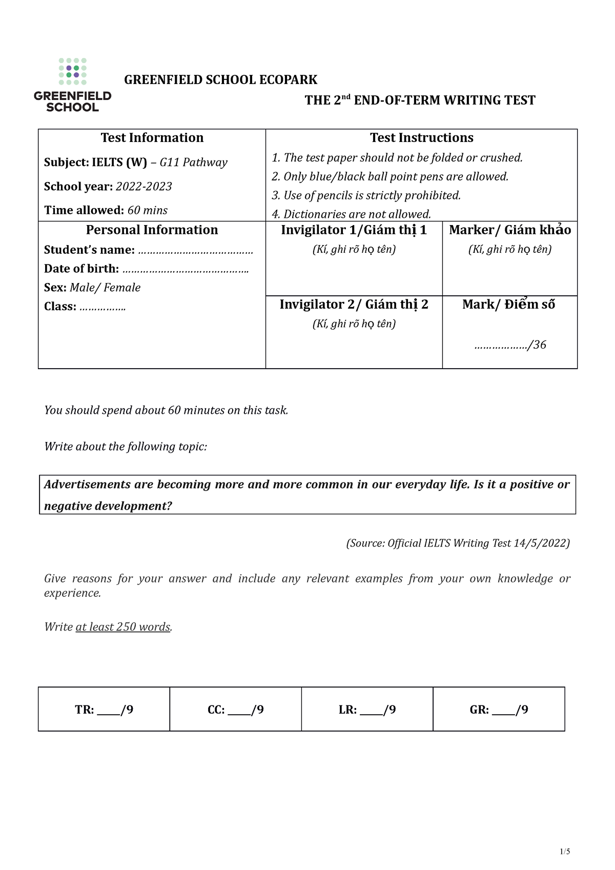 11gc-end-of-term-test-writing-greenfield-school-ecopark-the-2nd-end