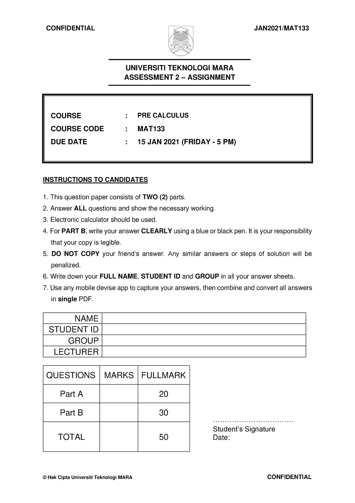 MAT133- Assignment Cover PAGE - CONFIDENTIAL 1 JAN2021/MAT © Hak Cipta ...