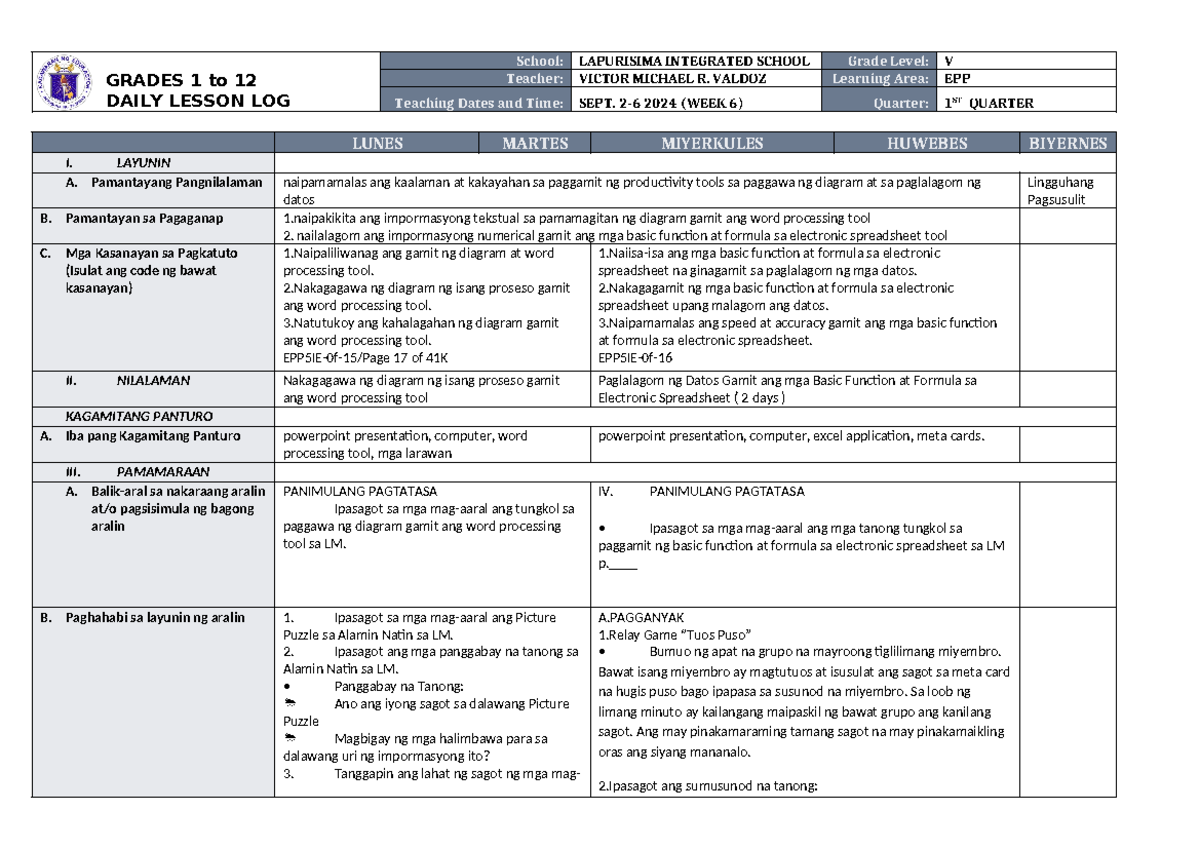 DLL EPP 5 Q4 W6 - DLL - GRADES 1 to 12 DAILY LESSON LOG School ...