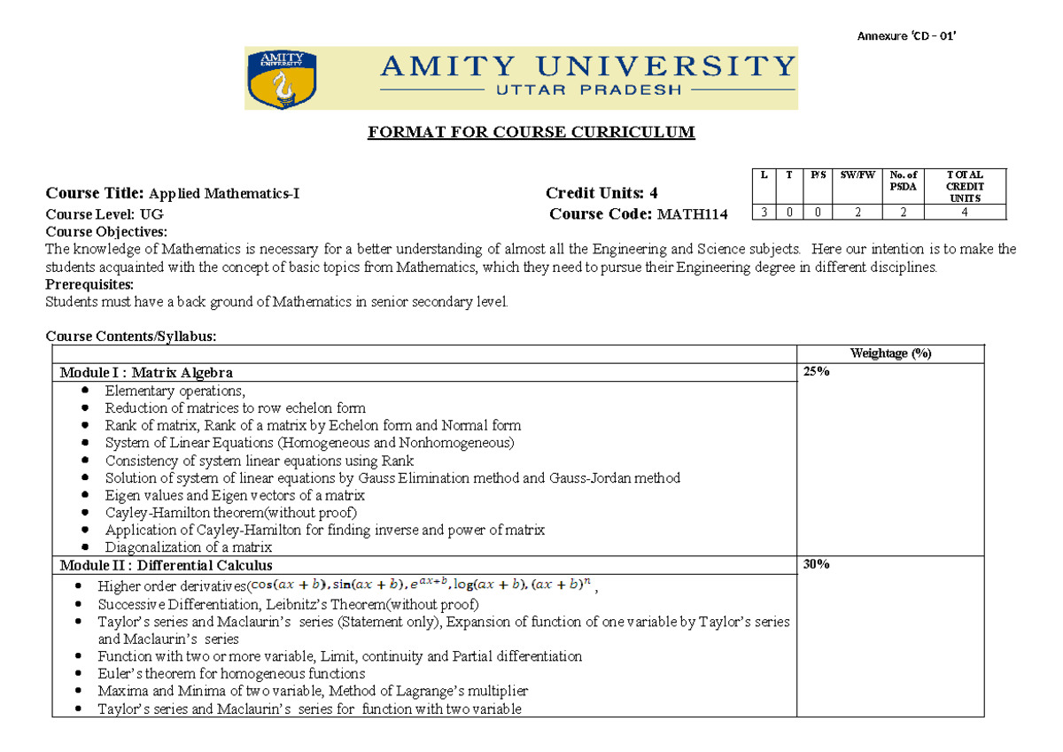 Maths - Annexure ‘CD – 01’ FORMAT FOR COURSE CURRICULUM Course Title ...