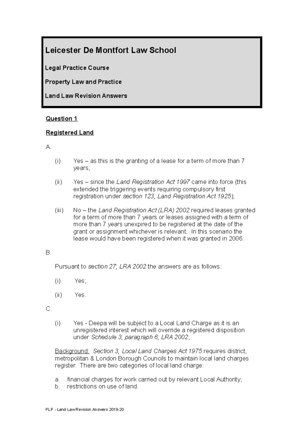 Land Law Revision Answers 201920 Leicester De Montfort Law School