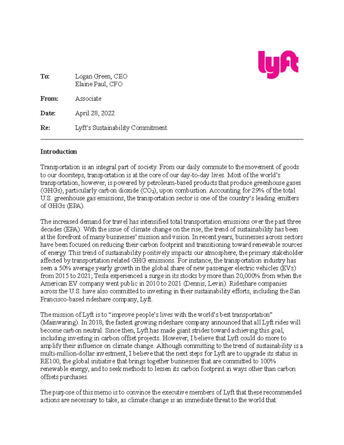 WRIT340 CTM (Trend) Final To Logan Green, CEO Elaine Paul, CFO From