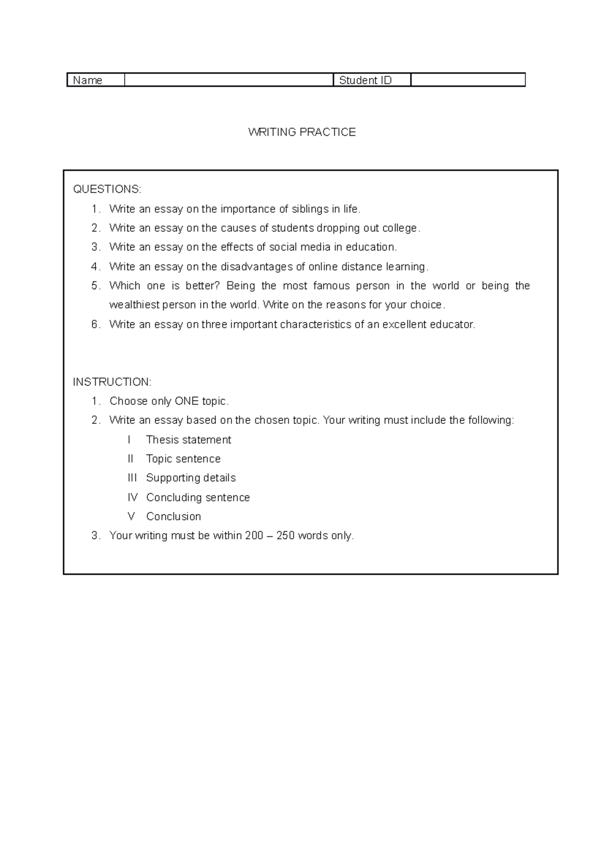 Writing Practice 2 (ELC) Name Student ID WRITING PRACTICE QUESTIONS