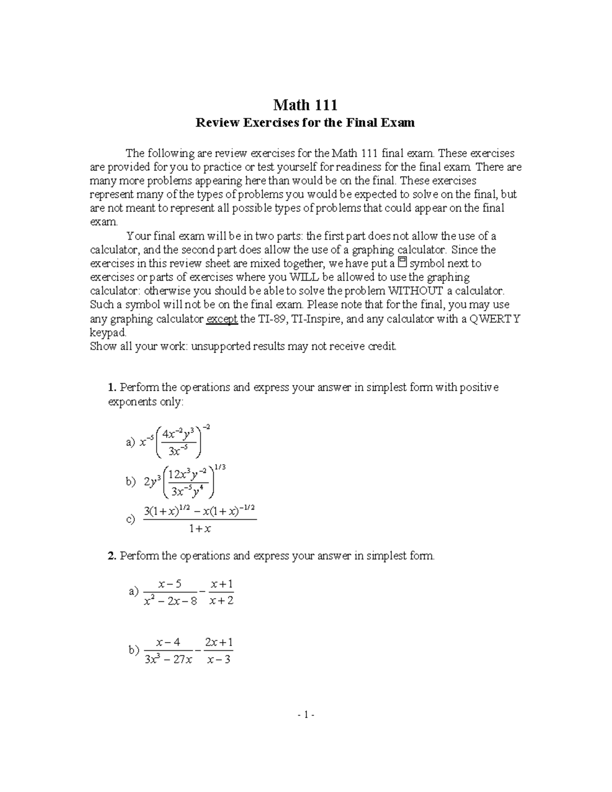 Final Exam Review Math 111 Math 111 Review Exercises For The Final Exam The Following Are Final Exam Review Math 111 Math 111 Review Exercises For The Final Exam The Following Are