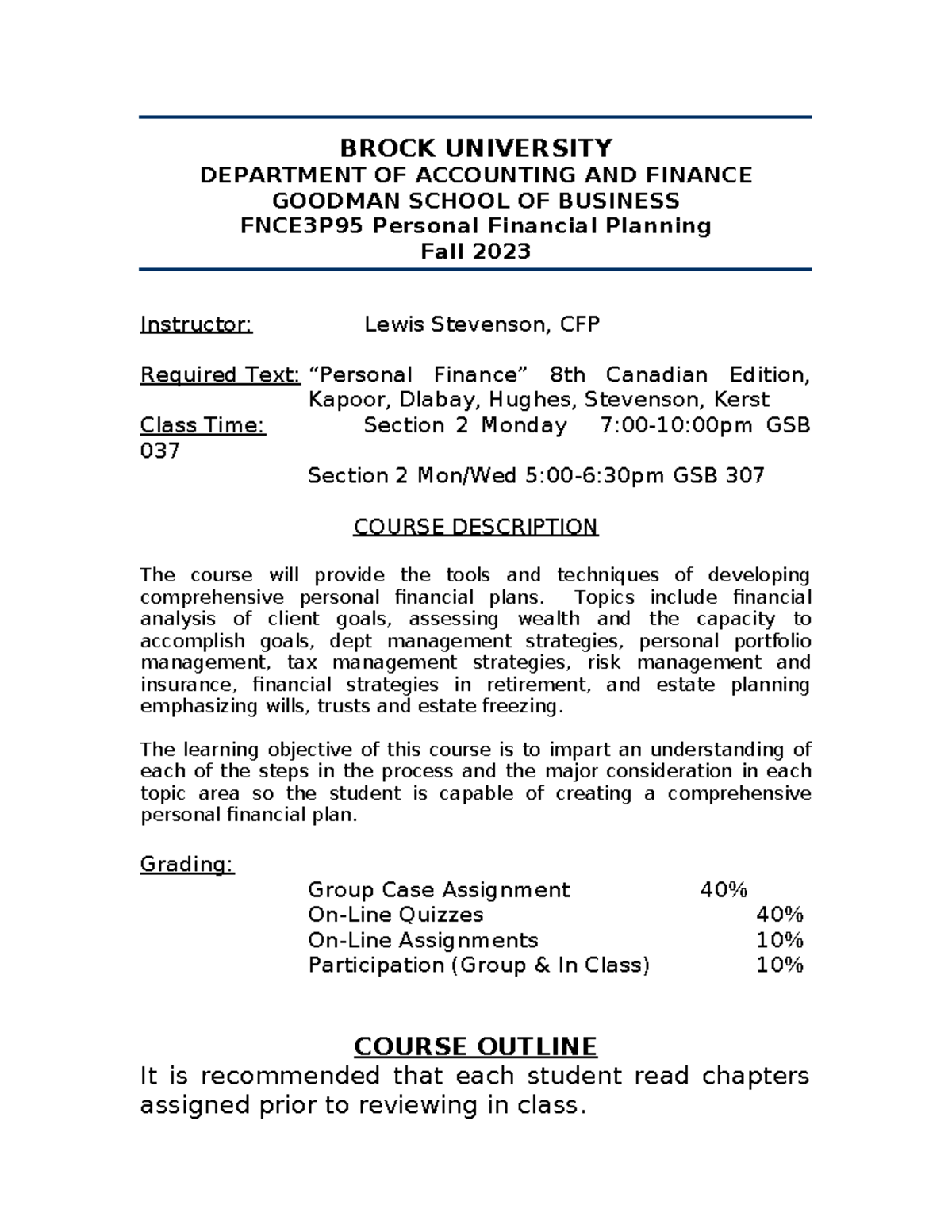 Finance 3p95 Fall 2023 Syllabus Both Sections - BROCK UNIVERSITY ...