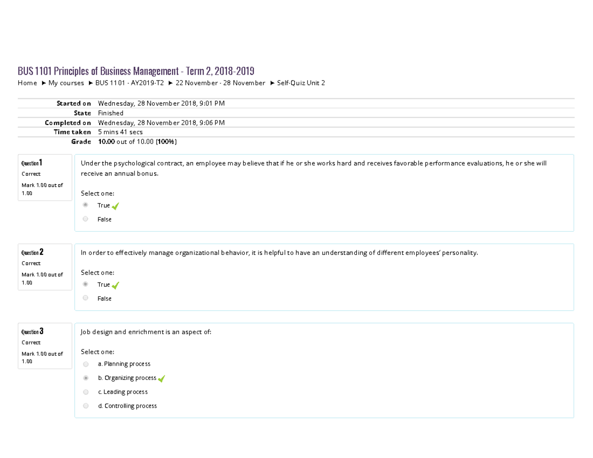 Self-Quiz Unit 2 - (10) 10 out of 10 - Home My courses BUS 1101 ...