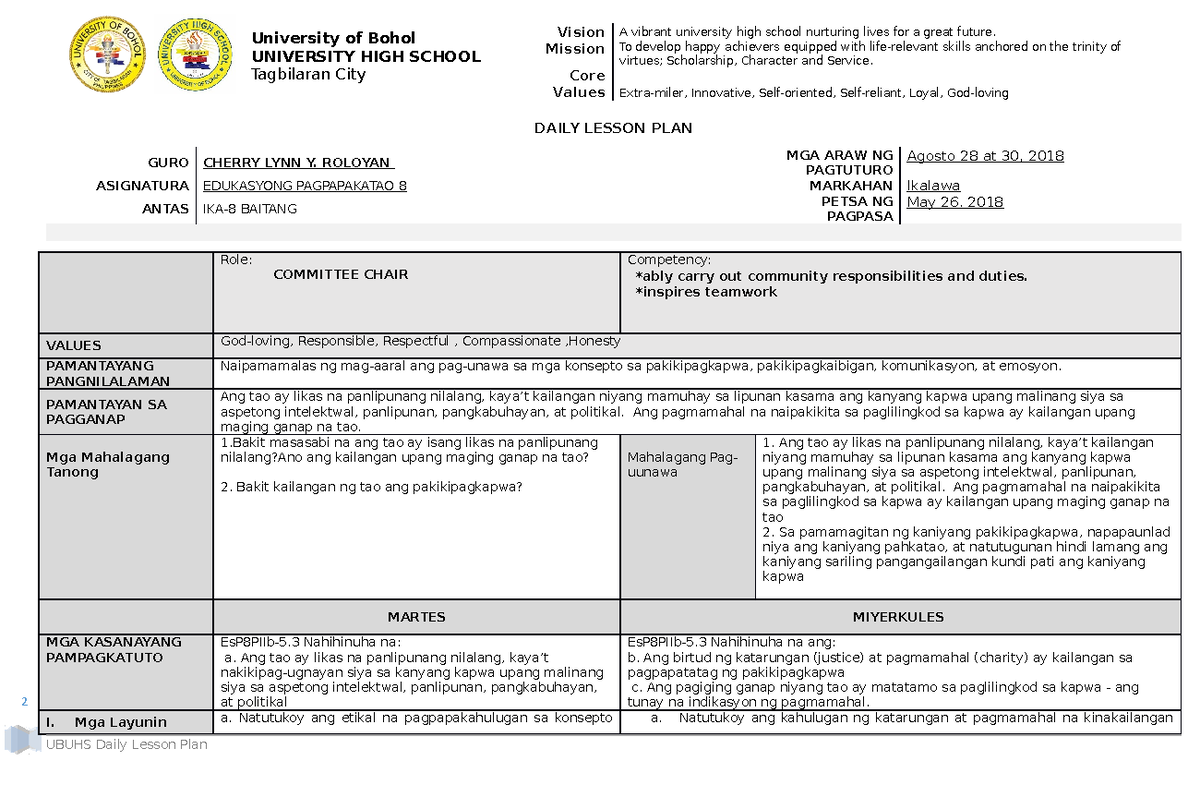 Week 11 A Lesson Plan For Edukasyon Sa Pagpapakatao 2 Daily Lesson Plan Guro Cherry Lynn Y 4868