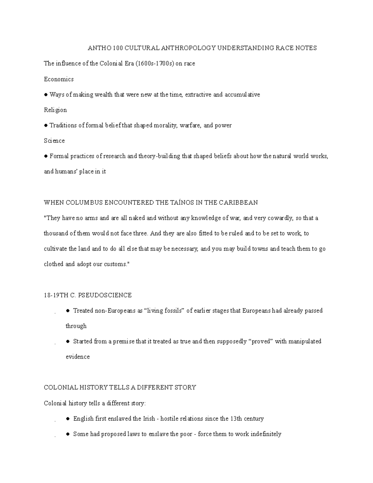 Antho 100 Understanding RACE Notes - ANTHO 100 CULTURAL ANTHROPOLOGY ...