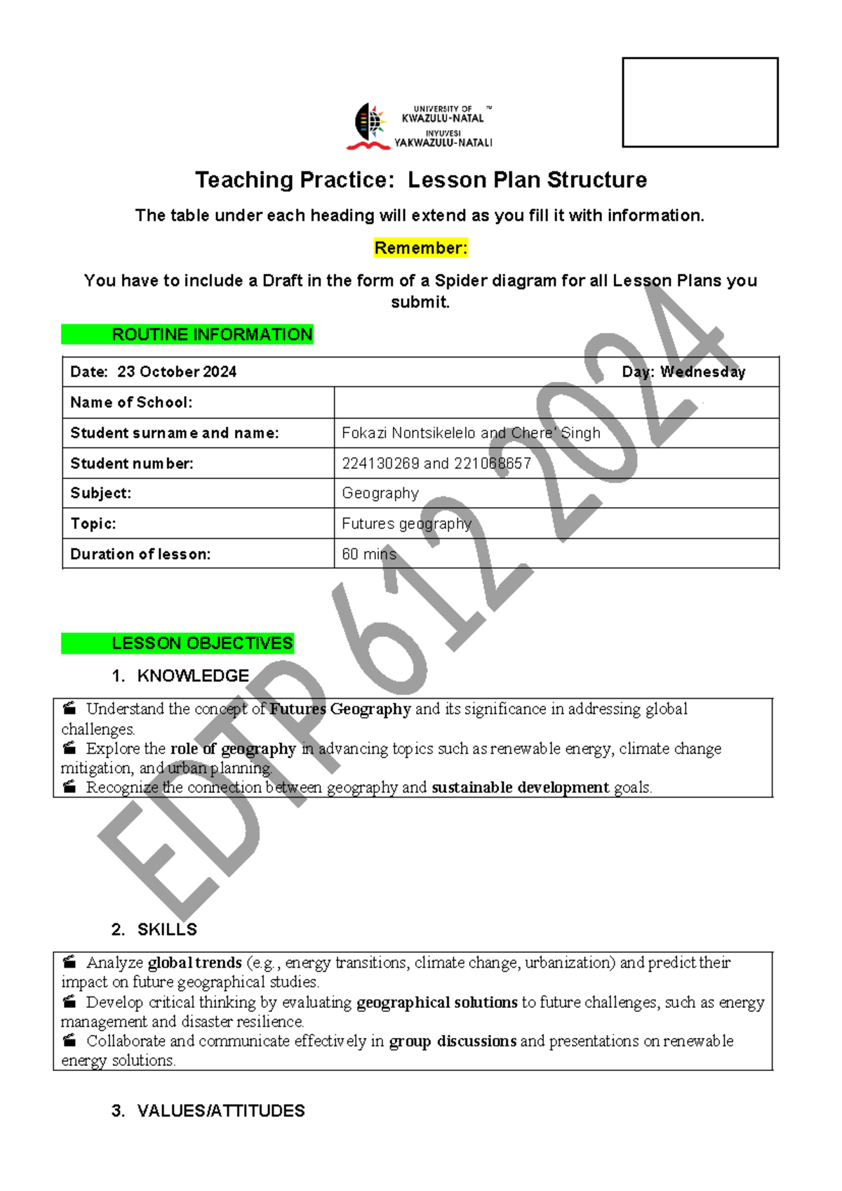 Lesson plan for geograpghy assignment EDGG 602 - Teaching Practice ...