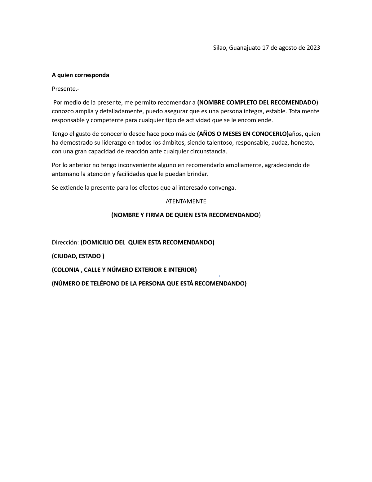 Cartas De Recomendación Formal Silao Guanajuato 17 De Agosto De 2023 A Quien Corresponda 6827