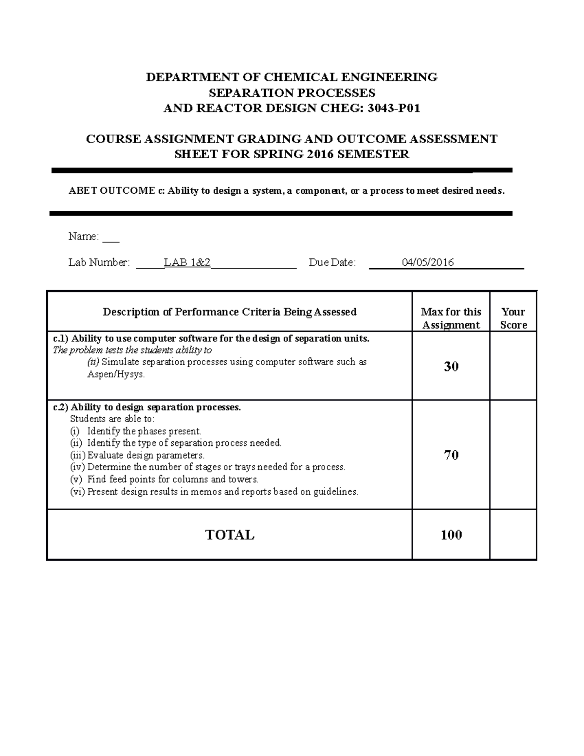Lab 1 and 2 - course - DEPARTMENT OF CHEMICAL ENGINEERING SEPARATION ...