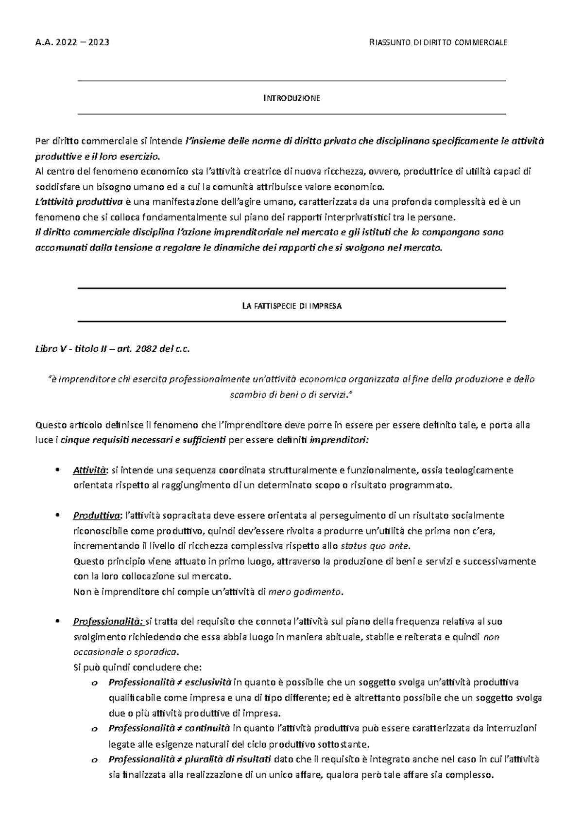 Isitutuzioni Di Diritto Commerciale - A. 2022 – 2023 RIASSUNTO DI ...