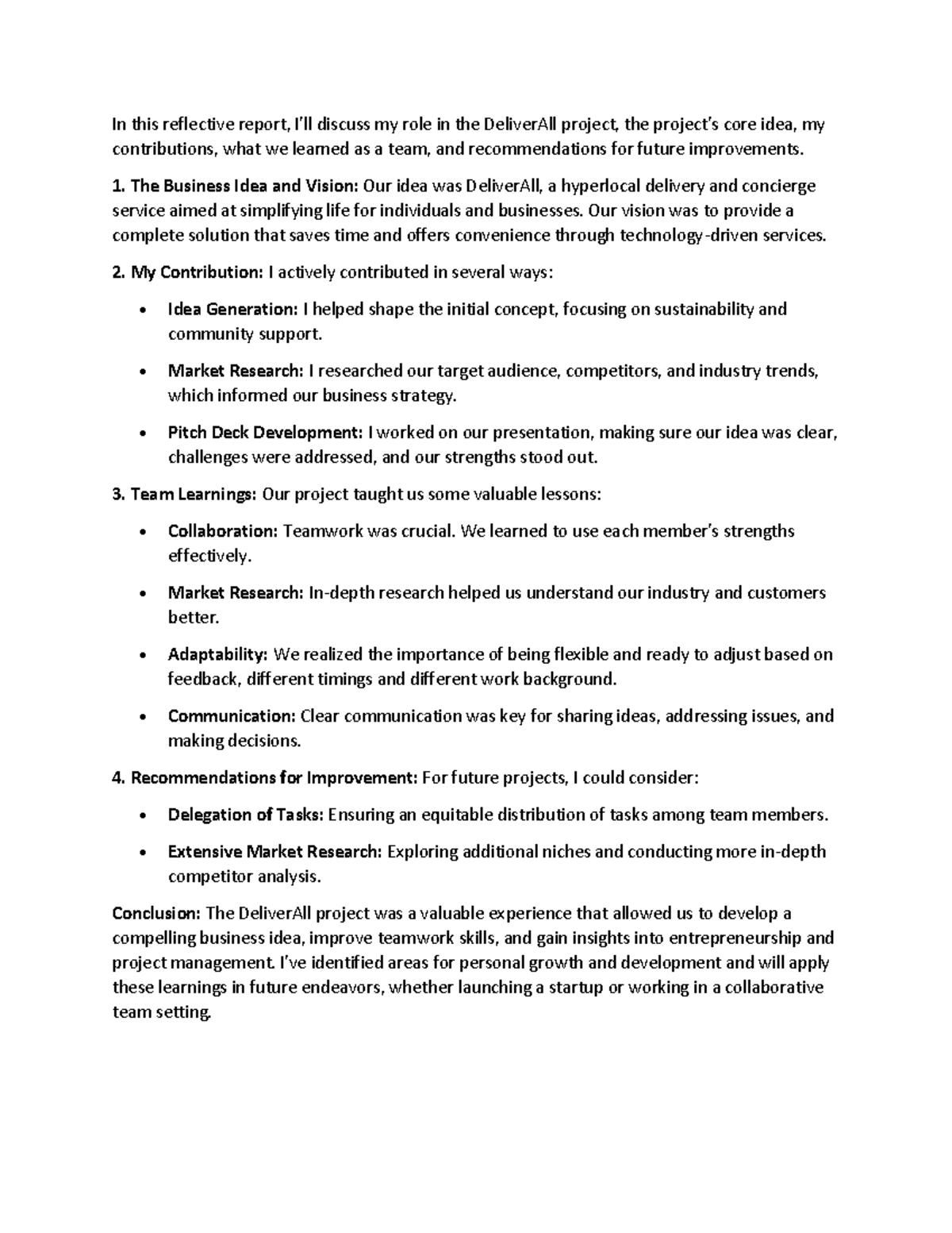 Delivery project - In this reflective report, I'll discuss my role in ...