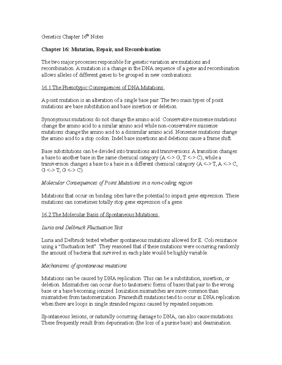 Bi 122 Ch 16 Textbook Notes - Genetics Chapter 16th Notes Chapter 16 ...