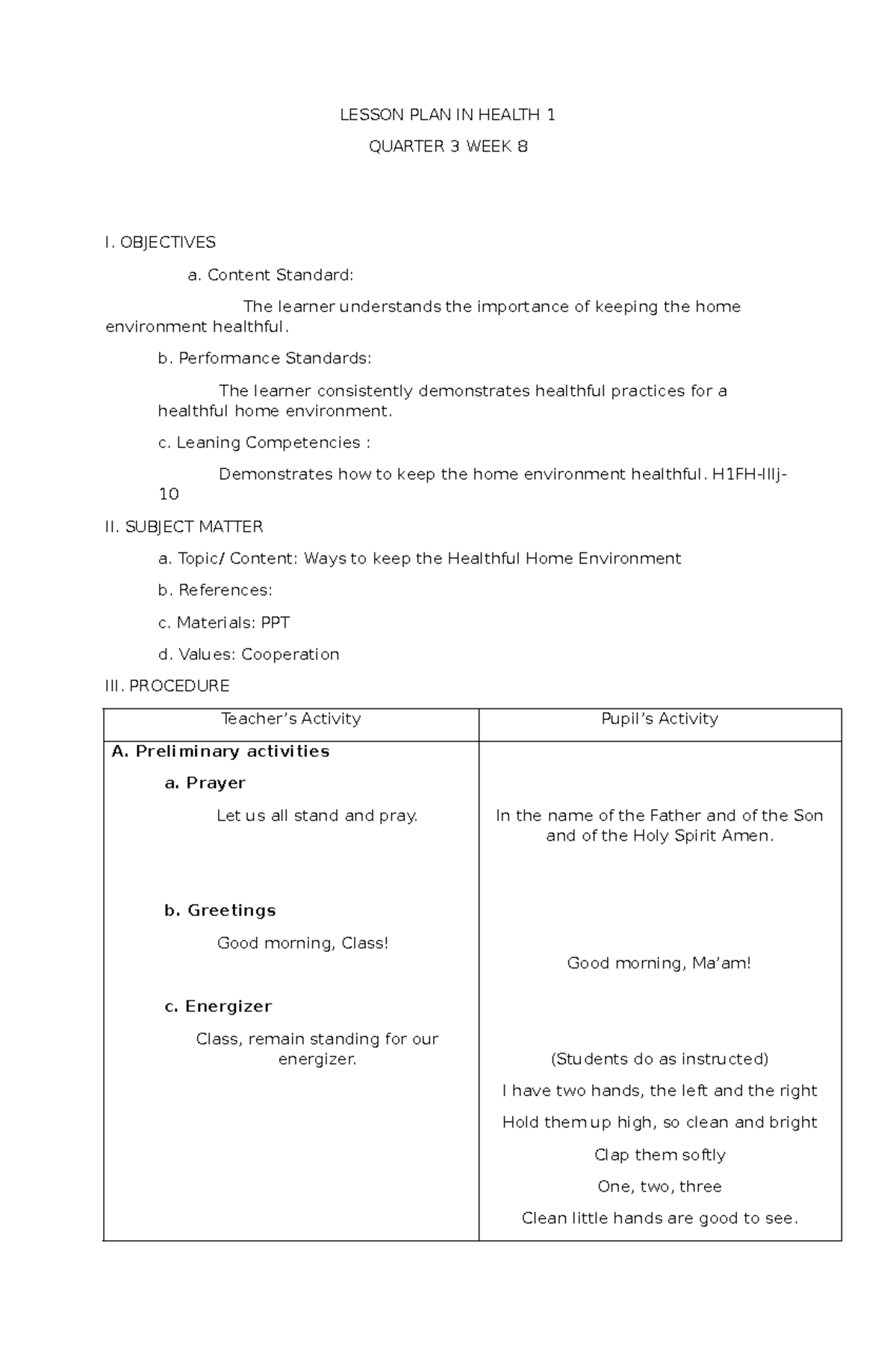 Lesson PLAN IN Health 1 demo - LESSON PLAN IN HEALTH 1 QUARTER 3 WEEK 8 ...