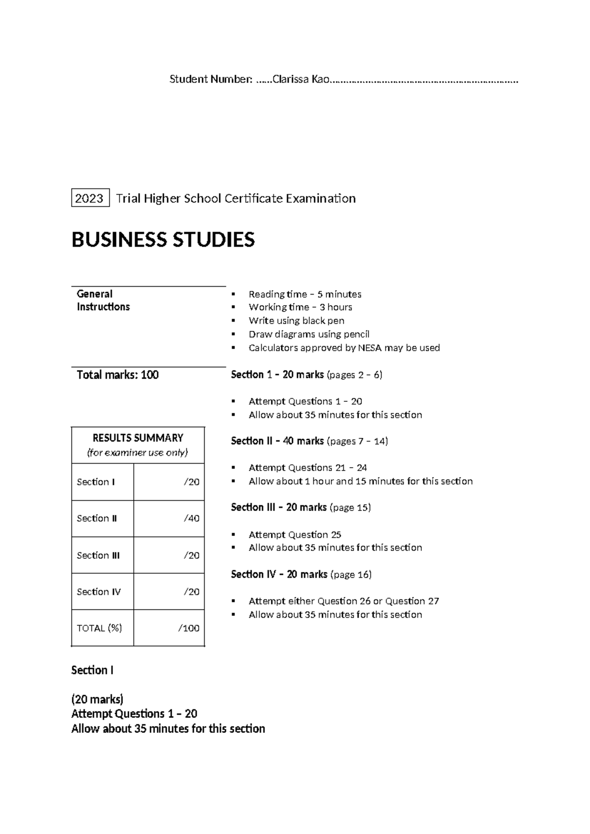 2023 Trial HSC Business Studies Wesssta - Student Number: ..... - Studocu
