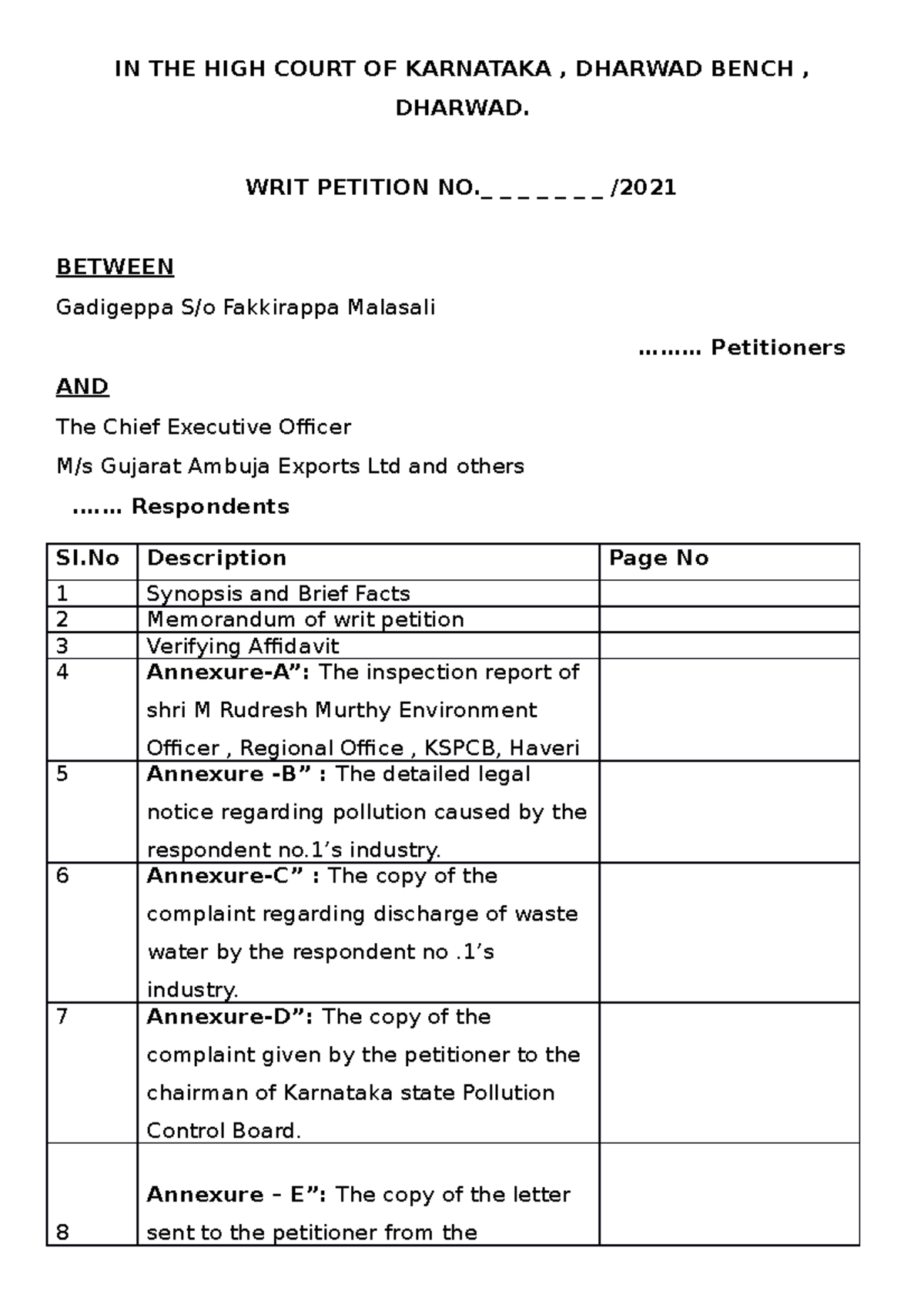 Pollution control case draft IN THE HIGH COURT OF KARNATAKA , DHARWAD