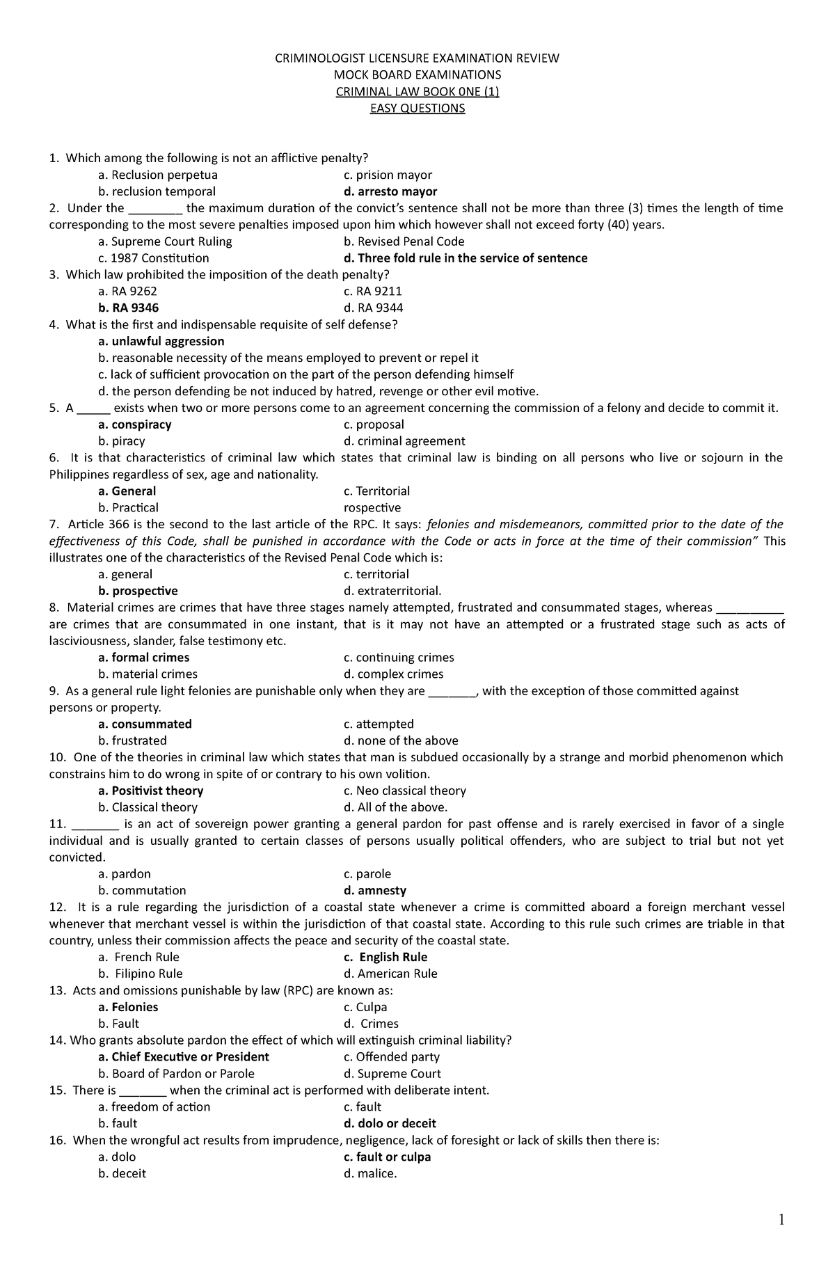 MOCK Board Criminal LAW 1 CRIMINOLOGIST LICENSURE EXAMINATION REVIEW